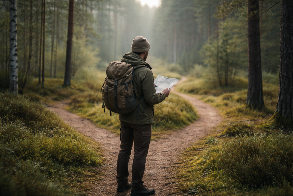 Symbolsk, rolig naturscene, hvor en enkelt vandrer står på en sti og orienterer sig med kort eller kompas. Skal afspejle læring, retning og tryghed i naturen.