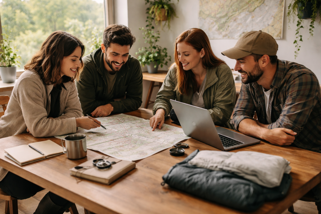 Et lille team af outdoor-entusiaster samlet omkring et bord med kort, udstyr og bærbare computere, der planlægger ture og indhold. Skal signalere faglighed, fællesskab og digitalt community med klar outdoor-vinkel.