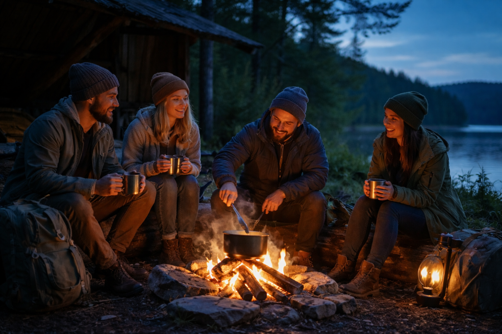 En lille gruppe venner omkring et hyggeligt bål i aftenskumring ved et shelter eller søbred, med enkel madlavning og afslappet snak. Skal fange hygge, fællesskab og glæden ved udeliv.
