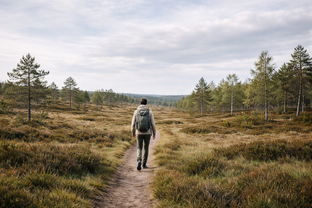 Standard blog-header: Alsidig scene fra dansk friluftsliv med en vandrer på sti med rygsæk, hvor der er god plads til overskrift ovenpå billedet. Skal kunne bruges til mange typer artikler.