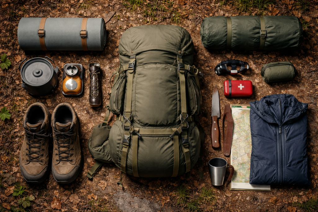 Overskuelig flade med veldisponeret outdoor-udstyr – rygsæk, sovepose, støvler, kogegrej m.m. – lagt ud på træ eller skovbund. Skal illustrere gear-guides og pakkelister.