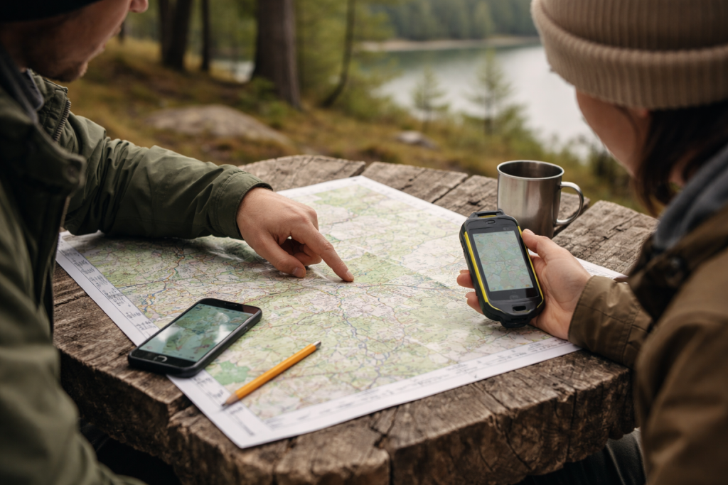 Et udendørs bord eller træstamme, hvor to personer planlægger en rute med kort, mobil og GPS, omgivet af skandinavisk natur.